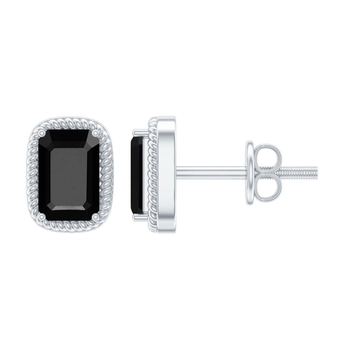 Silver emerald cut black onyx stud earrings featuring 1.2 carats from Rosec Jewels, close-up of the earrings on a white background.