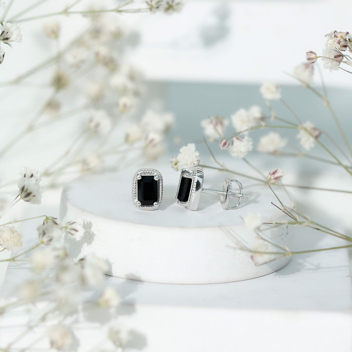 1.2 Carat Emerald Cut Black Onyx Stud Earrings in Silver