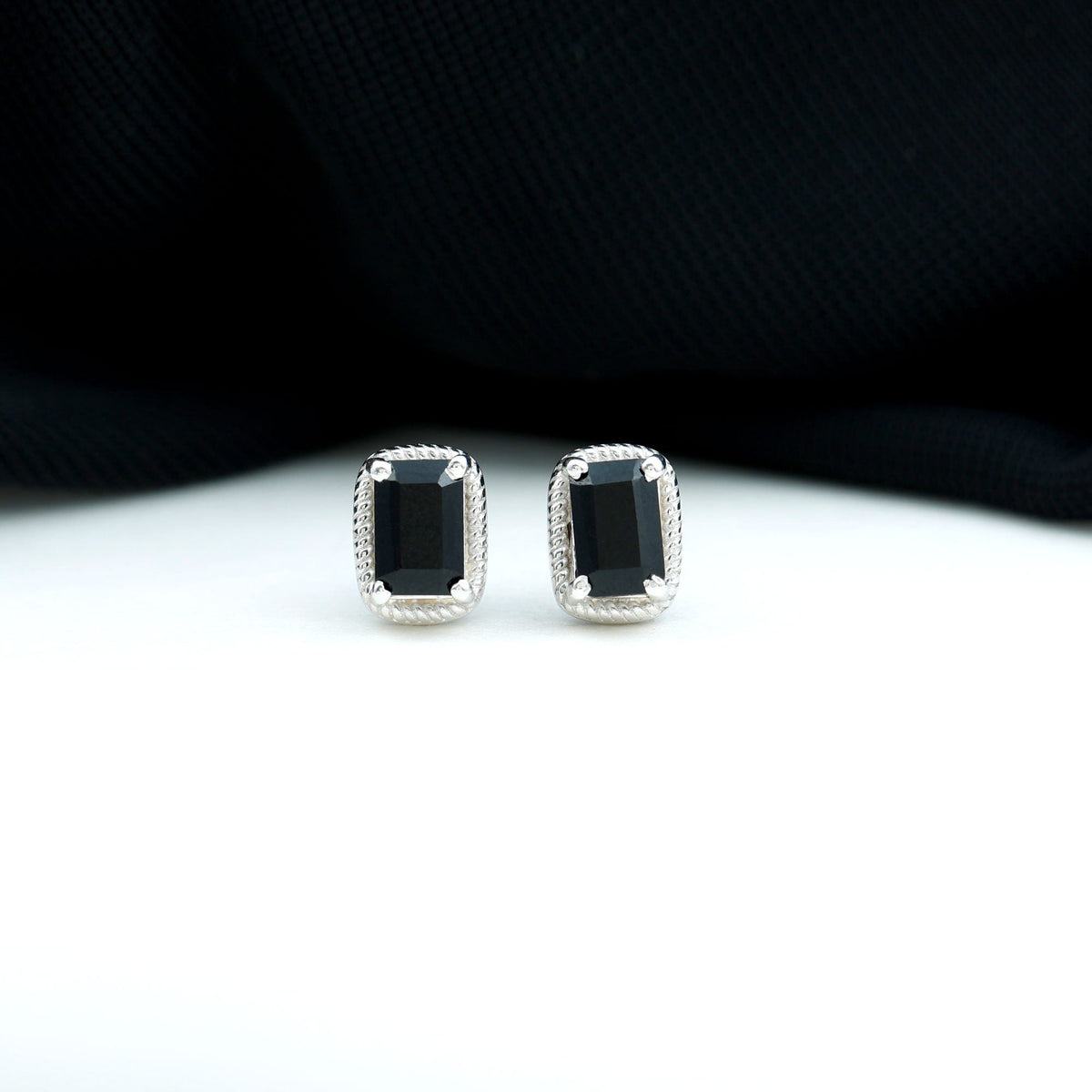 1.2 Carat Emerald Cut Black Onyx Stud Earrings in Silver