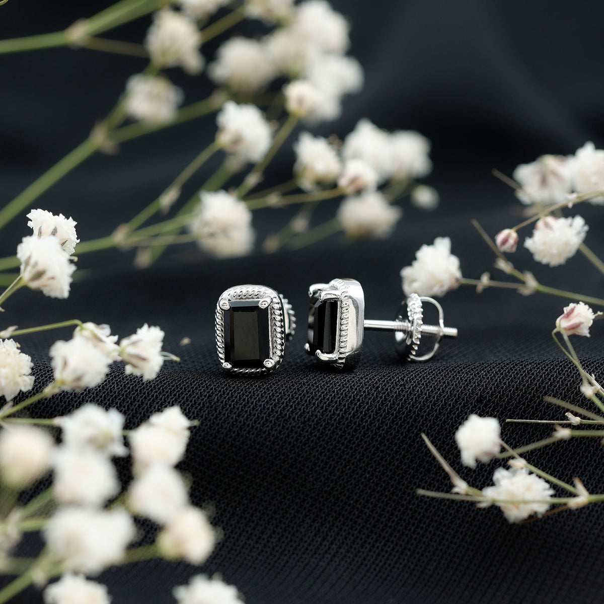 1.2 Carat Emerald Cut Black Onyx Stud Earrings in Silver