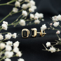 Genuine Black Onyx Emerald Cut Stud Earring with Twisted Rose Frame