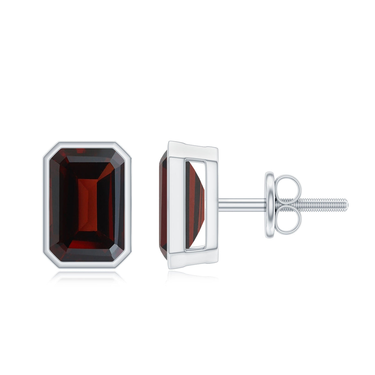 Emerald cut garnet solitaire stud earrings in bezel setting by Rosec Jewels, showcasing deep red gemstone and sleek silver design.
