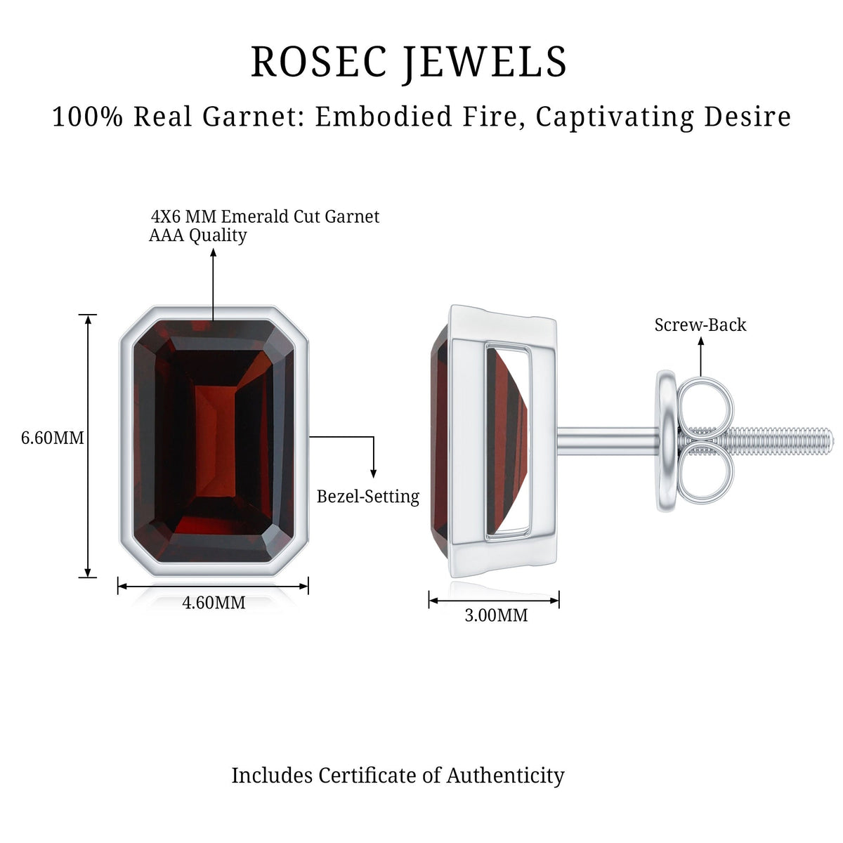 Emerald cut garnet solitaire stud earrings in bezel setting by Rosec Jewels, featuring 1.4 CT garnet gemstones.