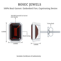 Emerald cut garnet solitaire stud earrings in bezel setting by Rosec Jewels, featuring 1.4 CT garnet gemstones.