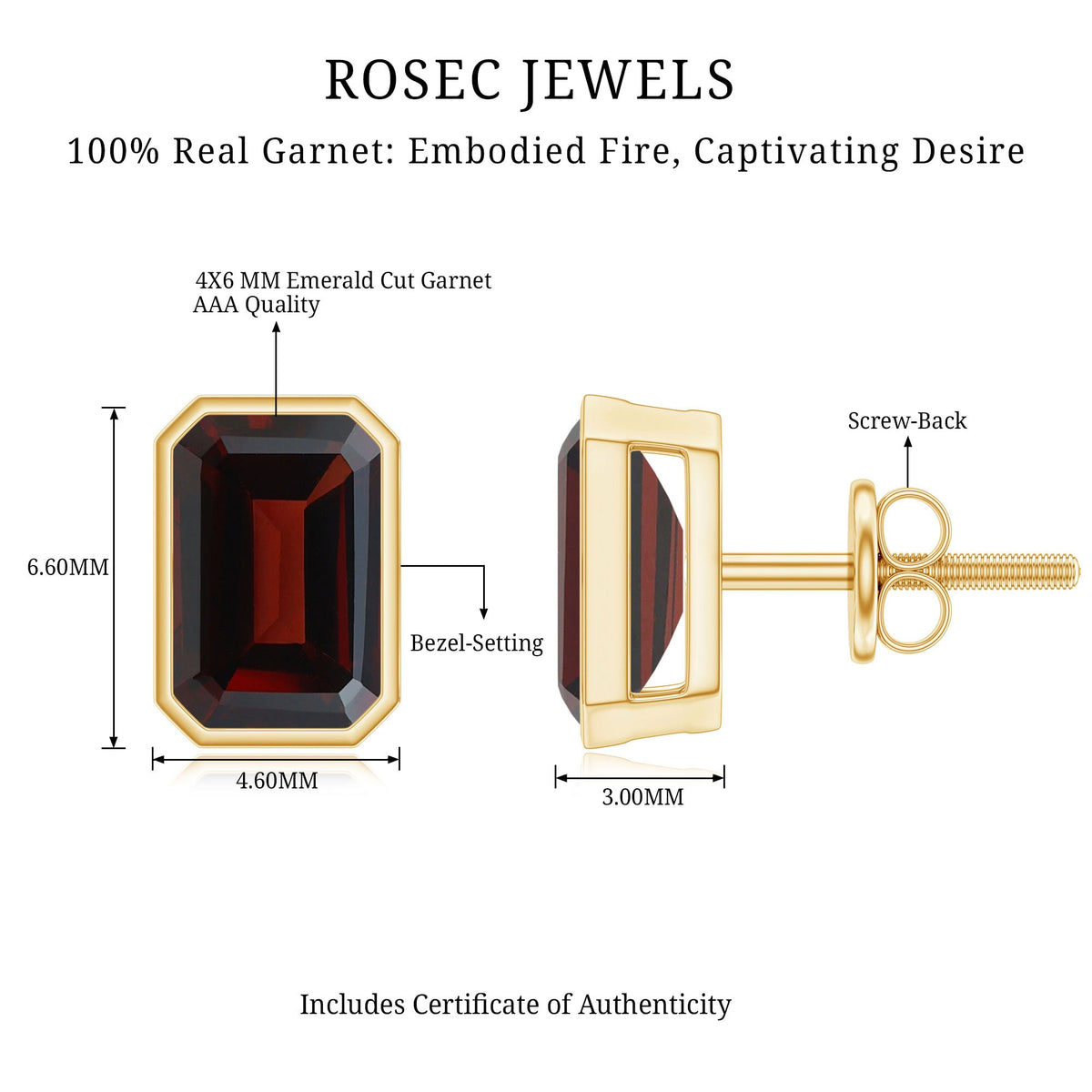 Emerald cut 1.4 CT garnet solitaire stud earrings in bezel setting, crafted by Rosec Jewels, displayed on a white background.