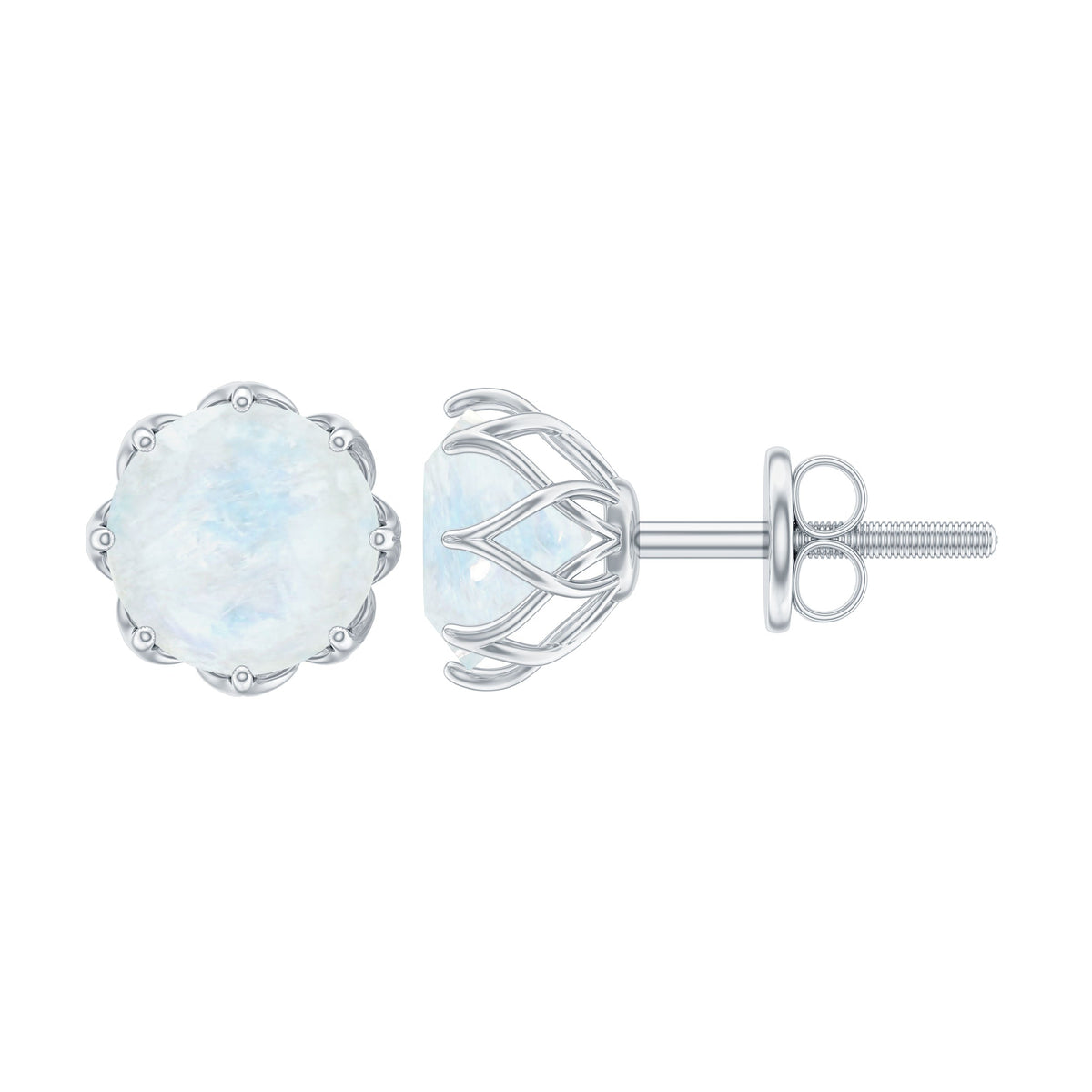 Rosec Jewels 6mm moonstone solitaire stud earrings featuring elegant round moonstones set in sterling silver.