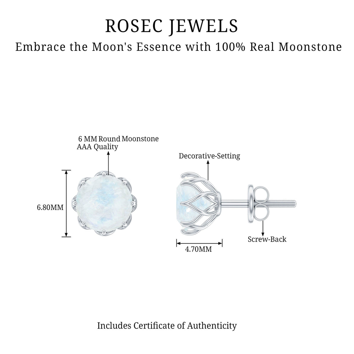Rosec Jewels 6mm moonstone solitaire stud earrings with decorative design, featuring elegant gemstone settings.