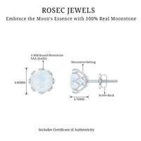 Rosec Jewels 6mm moonstone solitaire stud earrings with decorative design, featuring elegant gemstone settings.