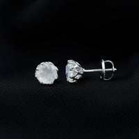Sixmm moonstone solitaire stud earrings by Rosec Jewels featuring a decorative set design with polished gemstone and silver setting.