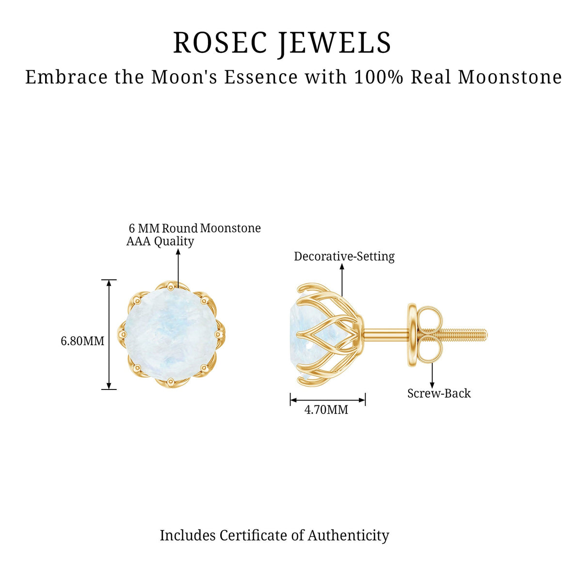 Rosec Jewels 6 MM moonstone solitaire stud earrings with decorative design, showcasing elegant, natural gemstone jewelry.