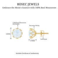 Rosec Jewels 6 MM moonstone solitaire stud earrings with decorative design, showcasing elegant, natural gemstone jewelry.