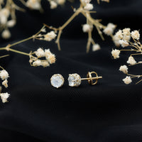 Round Cut Genuine Moonstone and Diamond Stud Earrings