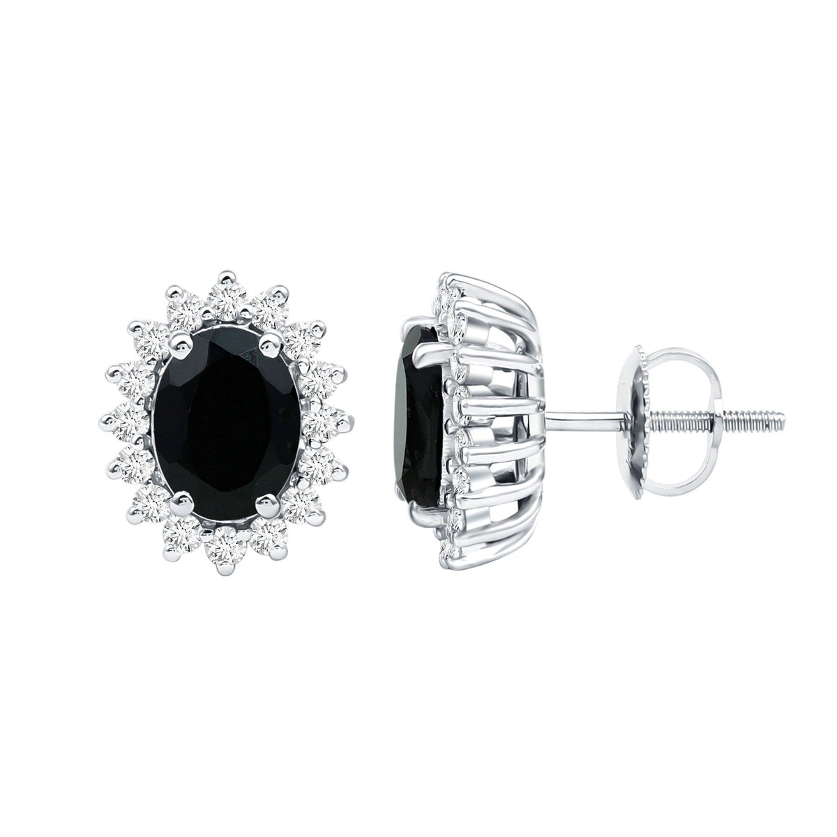 Oval cut black onyx stud earrings with moissanite halo, featuring Rosec Jewels branding and elegant jewelry design.