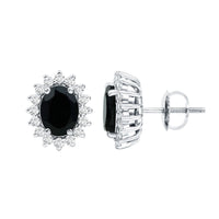 Oval cut black onyx stud earrings with moissanite halo, featuring Rosec Jewels branding and elegant jewelry design.