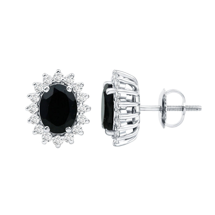 Real 2 Carat Oval Black Onyx Stud Earrings with Moissanite Halo