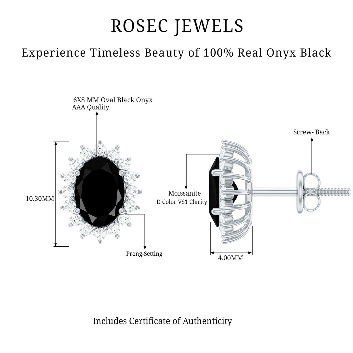 Black onyx oval cut stud earrings with moissanite halo, crafted by Rosec Jewels, showcasing elegant gemstone jewelry.