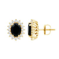 Oval cut black onyx stud earrings with moissanite halo from Rosec Jewels, showcasing elegant jewelry design.