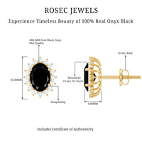 Rosec Jewels 2 Carat oval cut black onyx stud earrings with moissanite halo, showcasing elegant jewelry design.