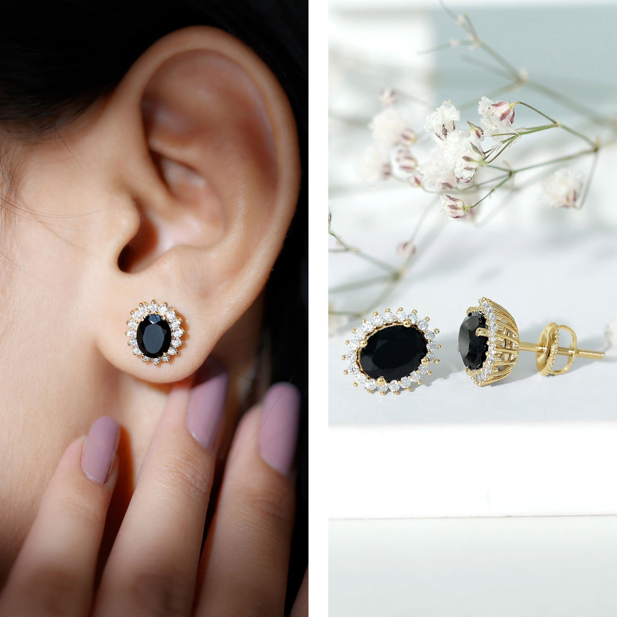 Oval cut black onyx stud earrings with moissanite halo from Rosec Jewels, showcasing elegant black gemstone and sparkling accents.