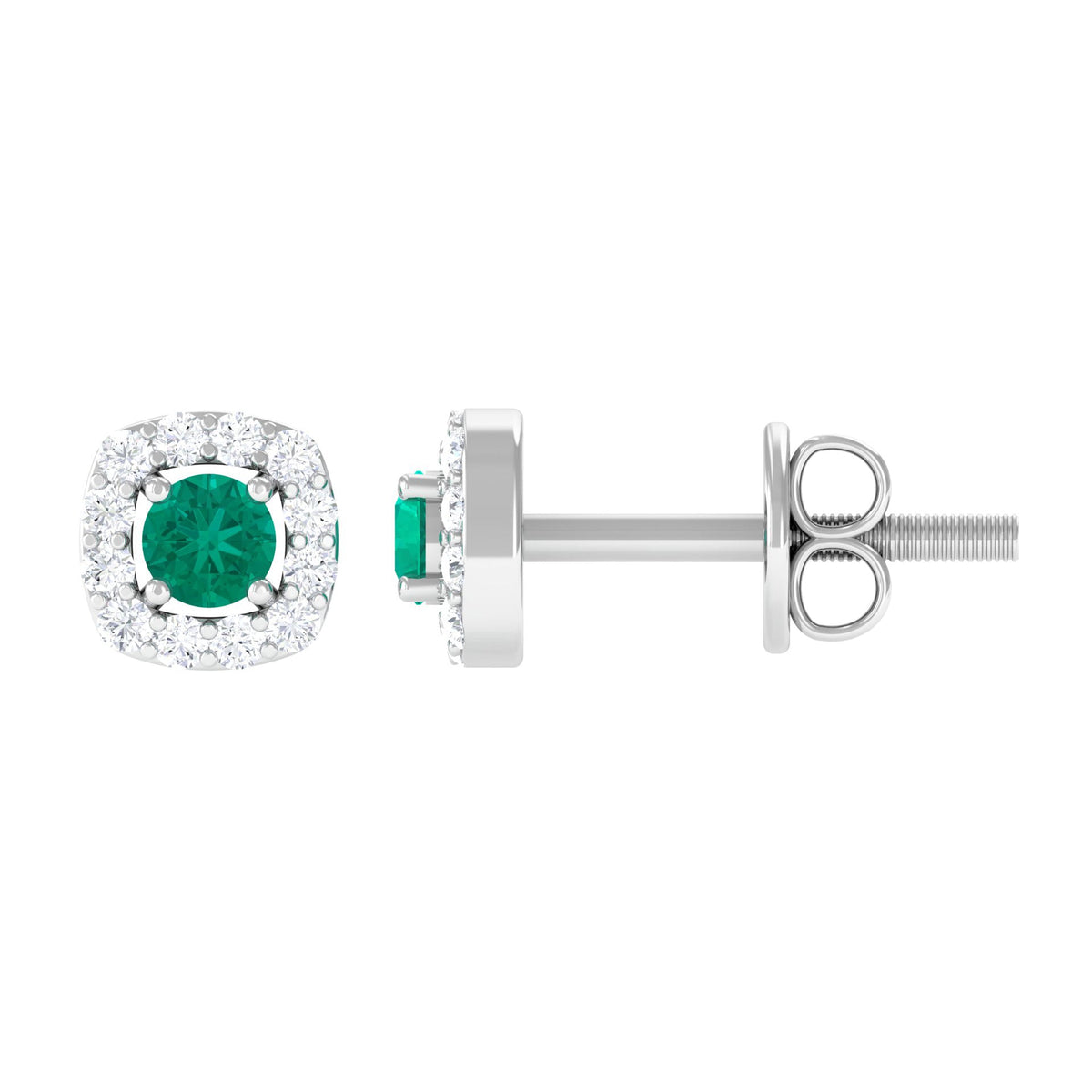 Minimalist emerald and diamond halo stud earrings by Rosec Jewels featuring green gemstones and sparkling diamond accents.