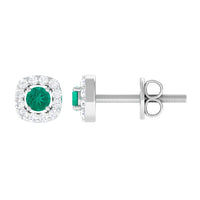 Minimalist emerald and diamond halo stud earrings by Rosec Jewels featuring green gemstones and sparkling diamond accents.