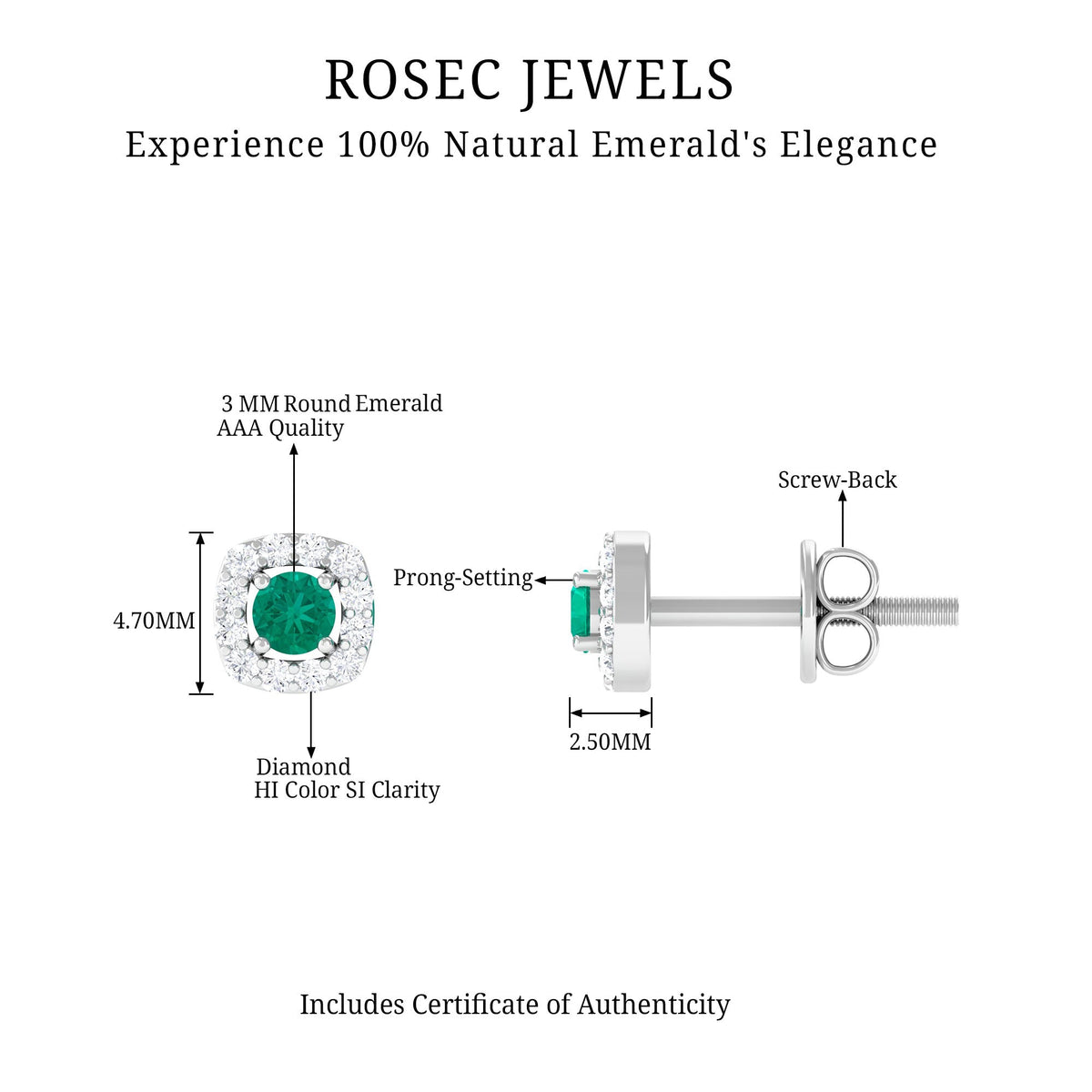 Minimalist emerald and diamond halo stud earrings by Rosec Jewels featuring sparkling gemstones and sleek design.