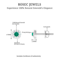Minimalist emerald and diamond halo stud earrings by Rosec Jewels featuring sparkling gemstones and sleek design.