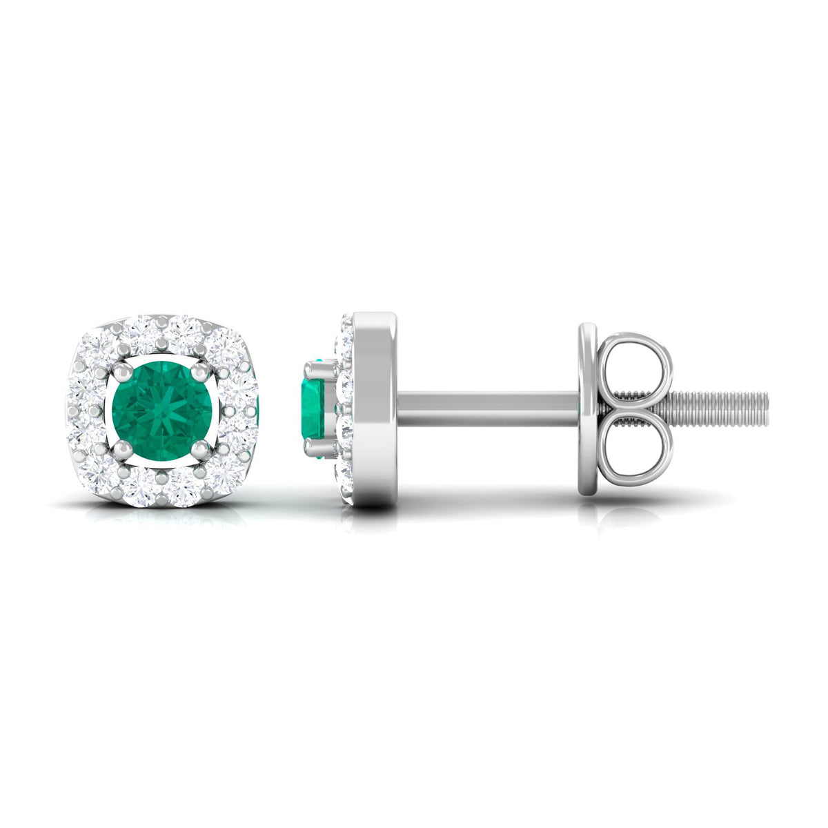 Minimalist emerald and diamond halo stud earrings by Rosec Jewels, featuring green gemstones and sparkling accents.