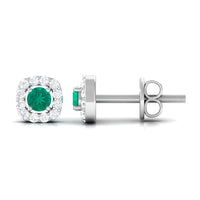 Minimalist emerald and diamond halo stud earrings by Rosec Jewels, featuring green gemstones and sparkling accents.