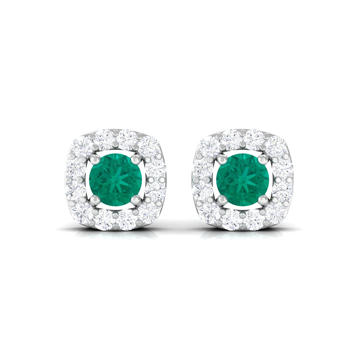 Emerald and diamond halo stud earrings by Rosec Jewels featuring minimalist design and sparkling gemstone accents.