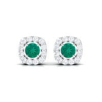 Emerald and diamond halo stud earrings by Rosec Jewels featuring minimalist design and sparkling gemstone accents.