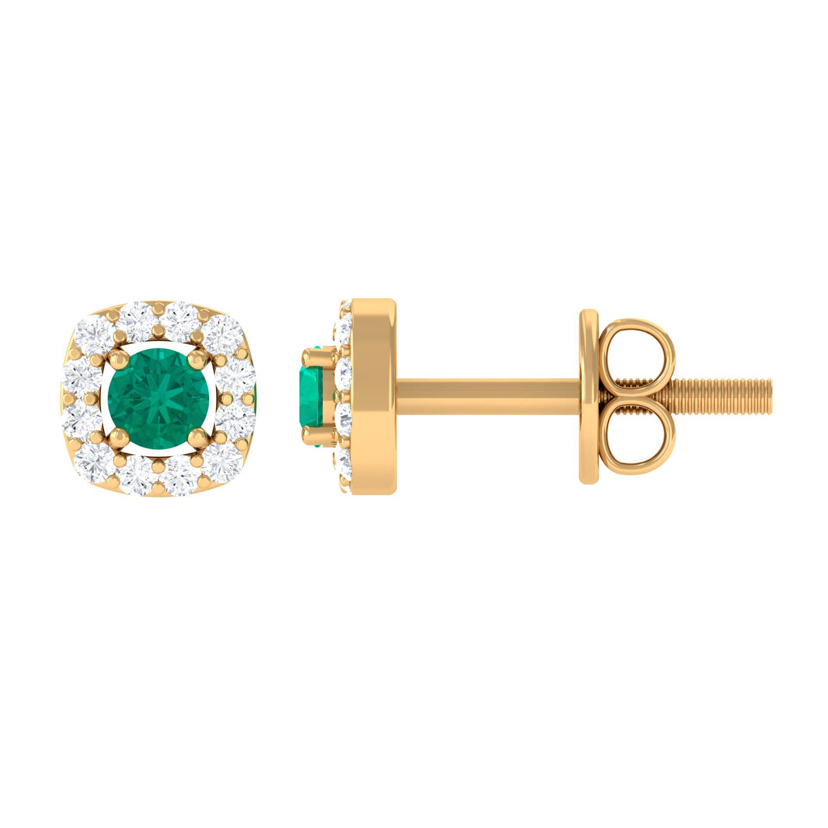 Minimalist emerald and diamond halo stud earrings by Rosec Jewels featuring vibrant green stones and sparkling accents.