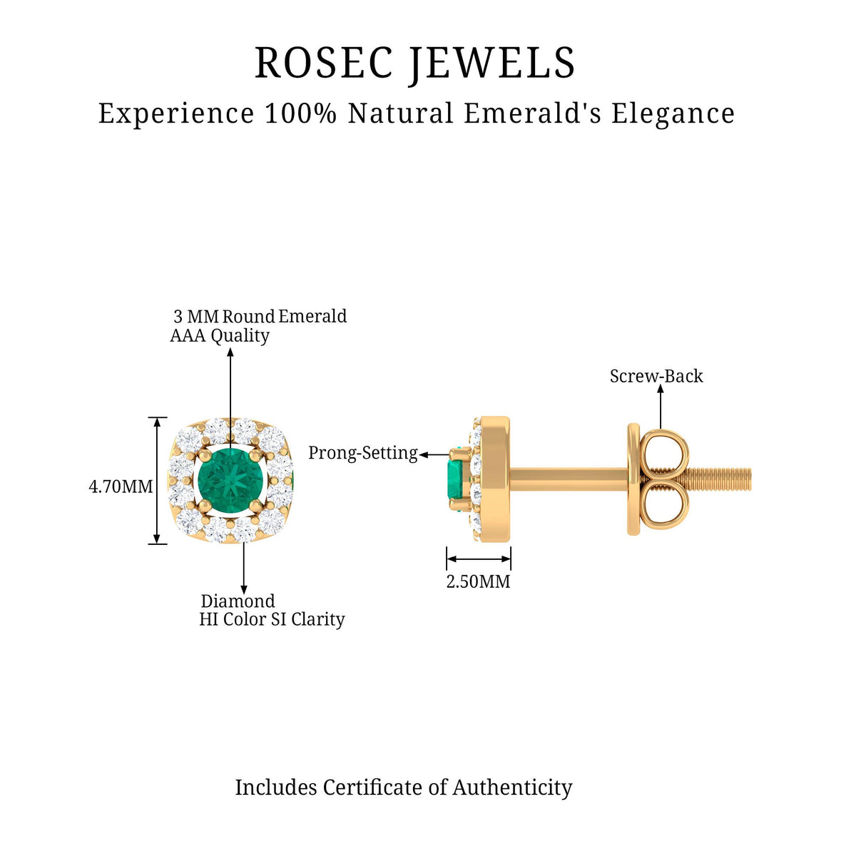 Emerald and diamond halo stud earrings by Rosec Jewels featuring minimalist design with sparkling gemstones and elegant metal setting.