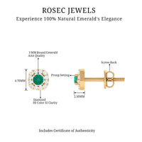 Emerald and diamond halo stud earrings by Rosec Jewels featuring minimalist design with sparkling gemstones and elegant metal setting.