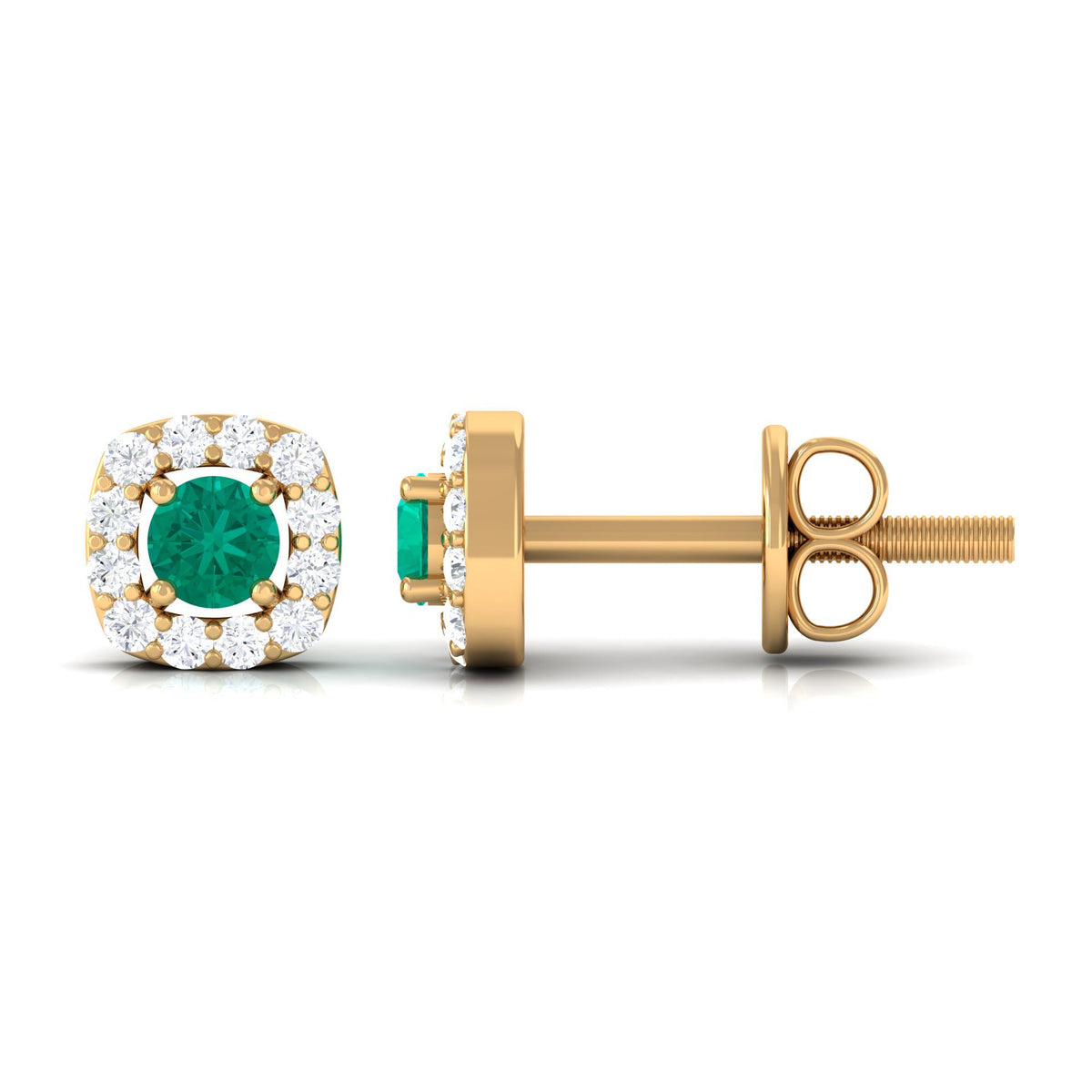 Minimalist emerald and diamond halo stud earrings by Rosec Jewels, featuring sparkling gemstones and sleek gold settings.