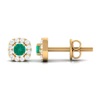 Minimalist emerald and diamond halo stud earrings by Rosec Jewels, featuring sparkling gemstones and sleek gold settings.