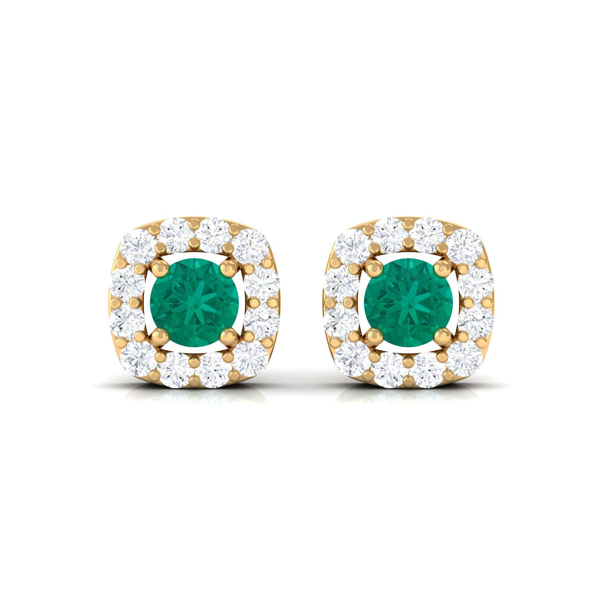 Minimalist emerald and diamond halo stud earrings by Rosec Jewels featuring green gemstones and sparkling diamond accents.