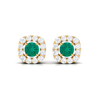 Minimalist emerald and diamond halo stud earrings by Rosec Jewels featuring green gemstones and sparkling diamond accents.