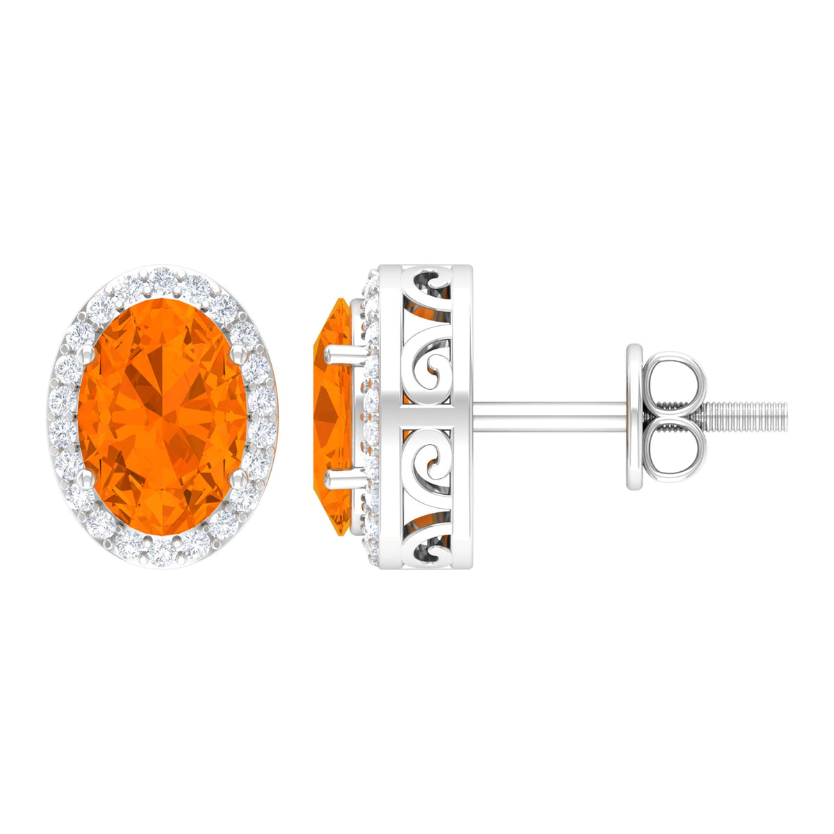1.3 Carat Oval Cut Fire Opal and Diamond Halo Stud Earrings