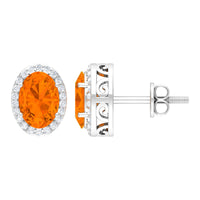 1.3 Carat Oval Cut Fire Opal and Diamond Halo Stud Earrings