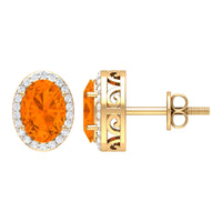 1.3 Carat Oval Cut Fire Opal and Diamond Halo Stud Earrings