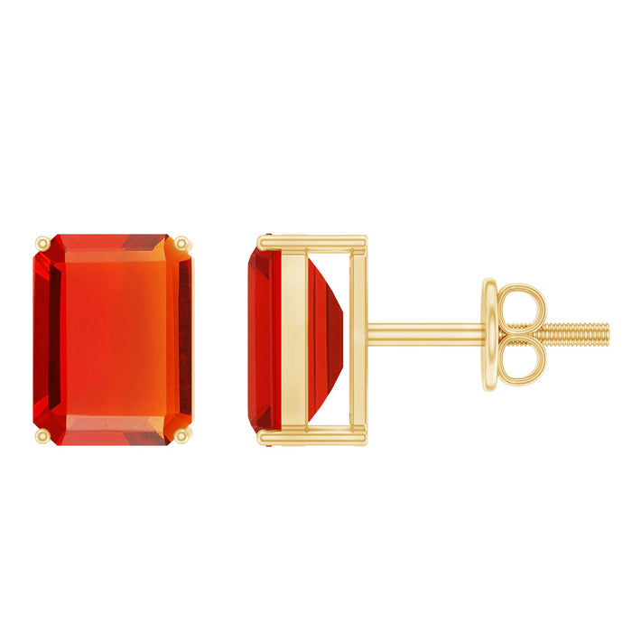Emerald cut fire opal solitaire stud earrings for women in 2 carats, featuring vibrant orange-red gemstones and silver settings.