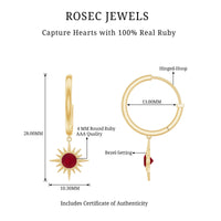 Natural 0.5 Carat Ruby Sunburst Drop Hoop Earrings for Women