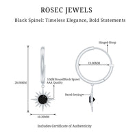 Natural Black Spinel Sunburst Drop Hoop Earrings