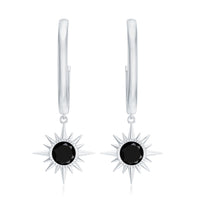 Natural Black Spinel Sunburst Drop Hoop Earrings