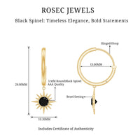 Natural Black Spinel Sunburst Drop Hoop Earrings