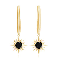 Natural Black Spinel Sunburst Drop Hoop Earrings