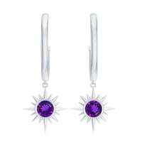 Natural Amethyst Sunburst Hoop Drop Earrings with Certificate