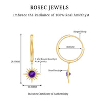 Natural Amethyst Sunburst Hoop Drop Earrings with Certificate