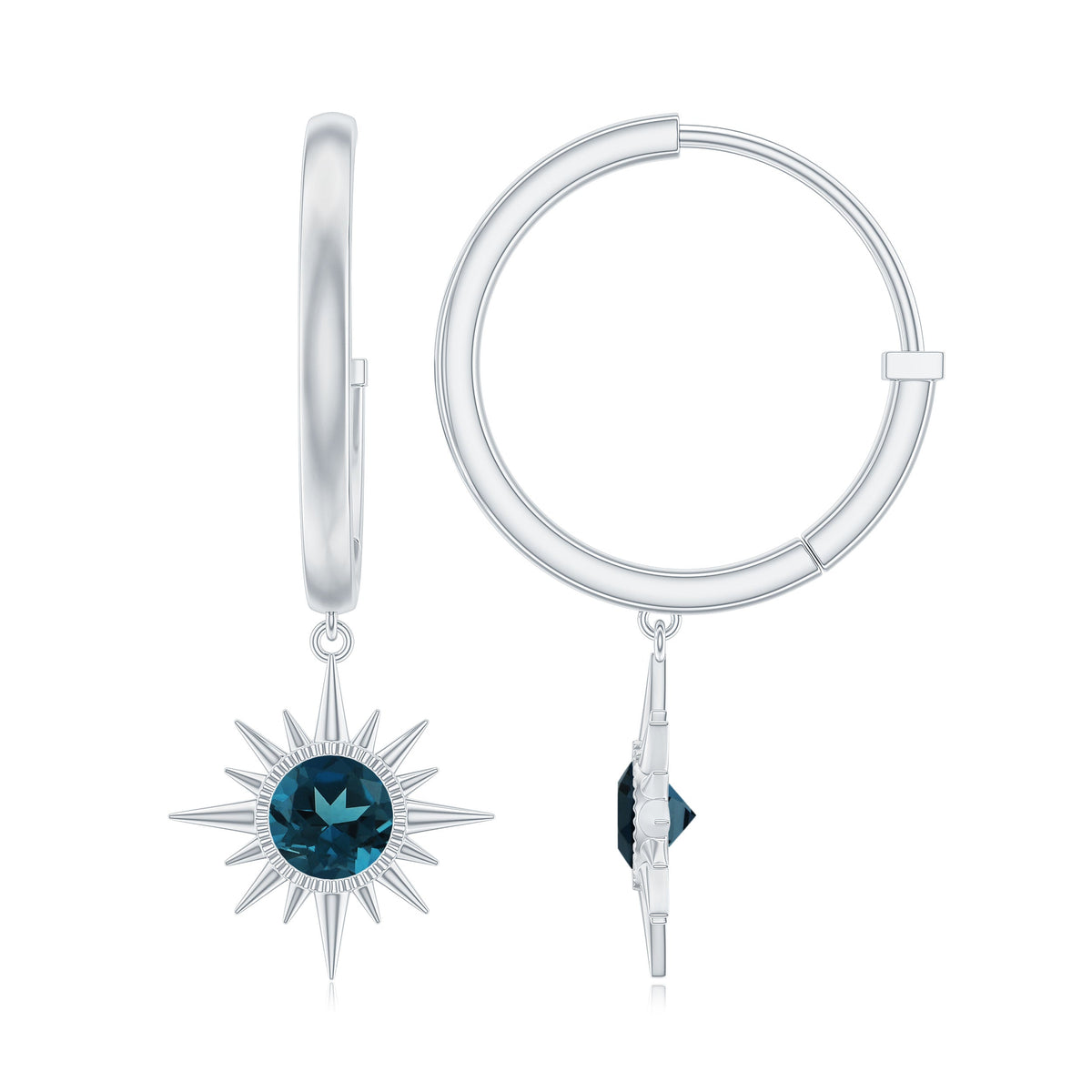 Real London Blue Topaz Sunburst Hoop Drop Earrings for Women